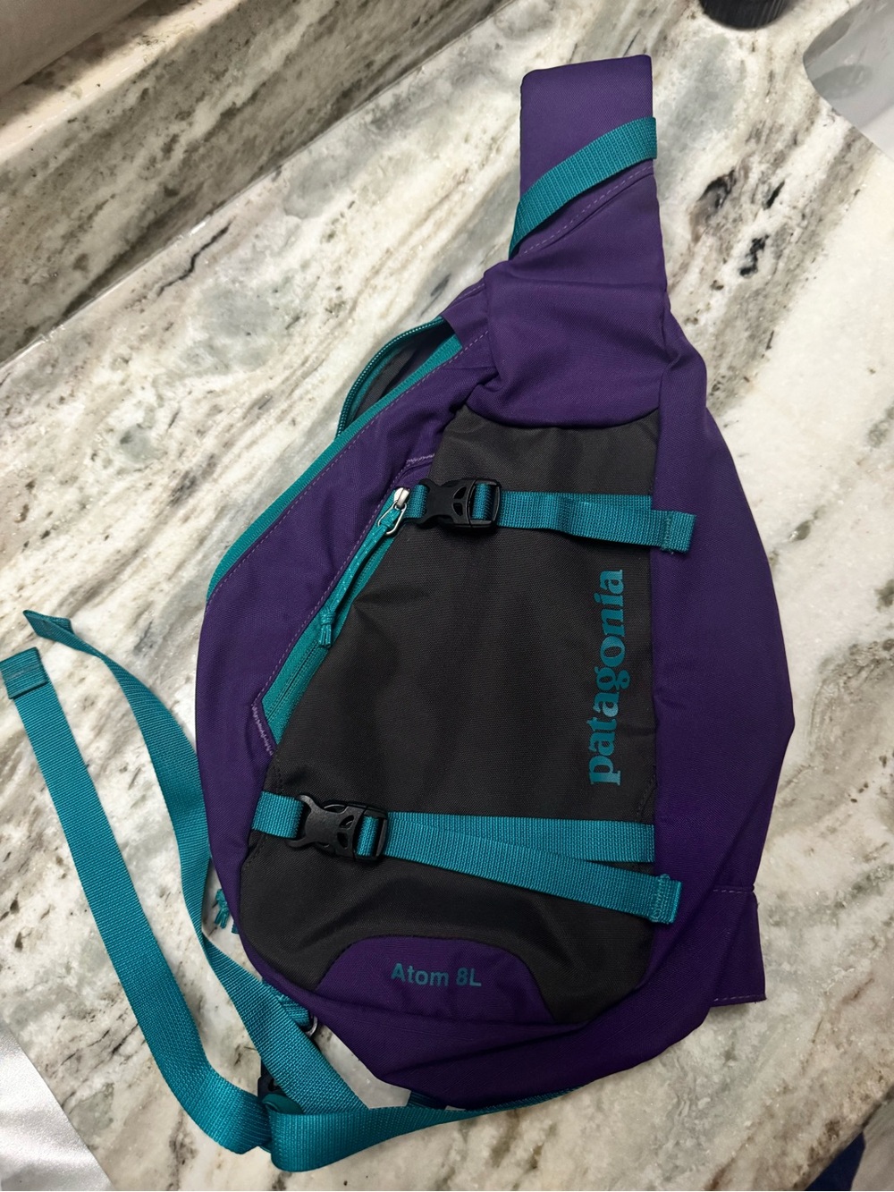 Patagonia Purple Sling Pack with Teal Accents